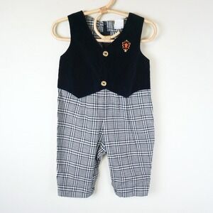 Vintage 90s Baby Togs Romper Kids 6-9 Months Navy Blue Houndstooth Velvet Vest